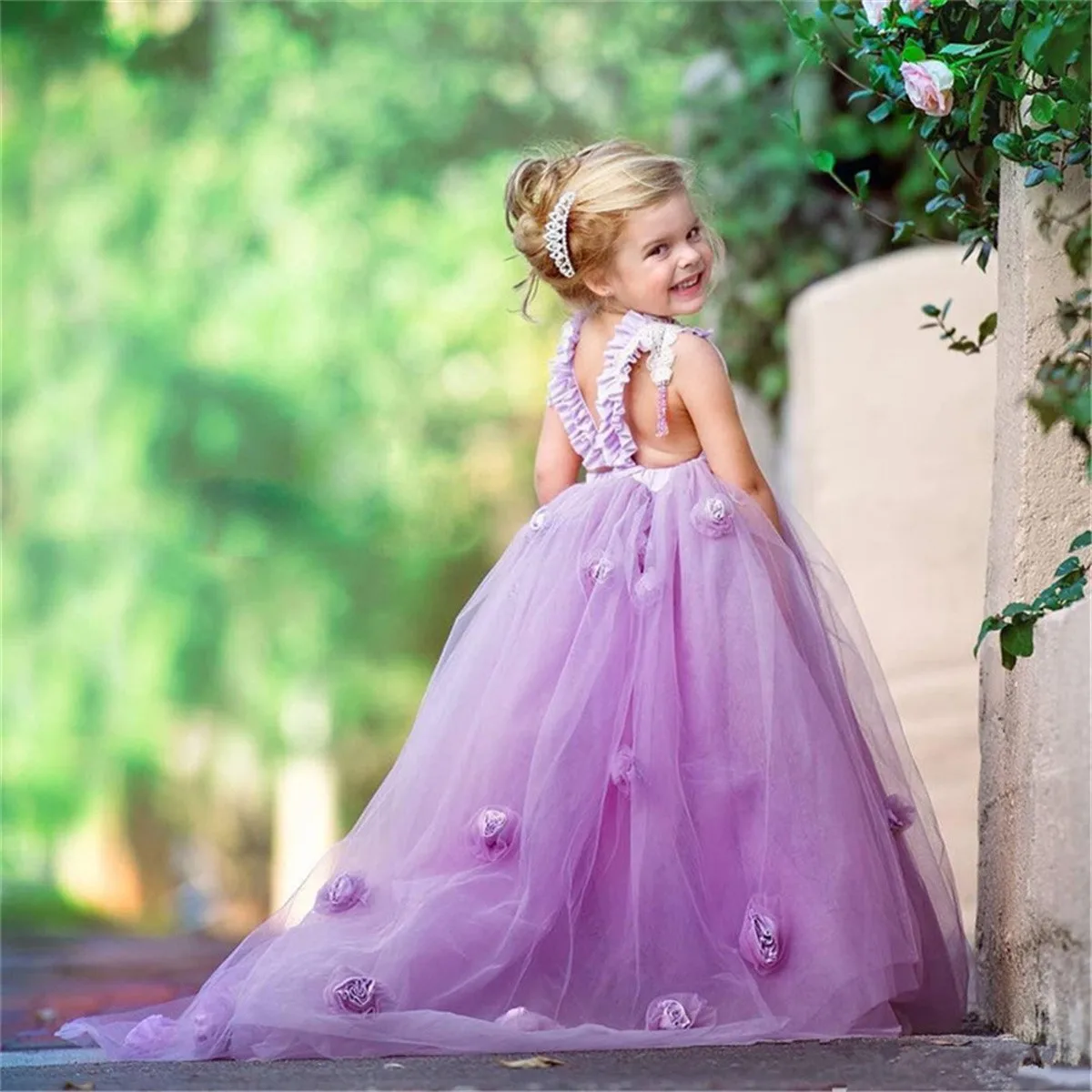 

Милое фиолетовое платье с цветочным принтом для девочки, свадебное платье из тюля с аппликацией, пушистые Бальные платья без рукавов с открытой спиной для первого причастия на день рождения