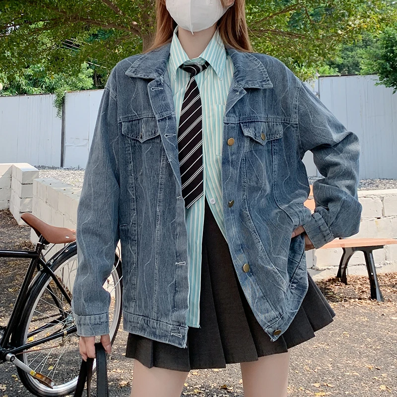 

JK Jacket Blue Denim Coat Women's Loose Short Retro New Autumn Fashion Design Casual Denim Coat Women's Wear S-XL
