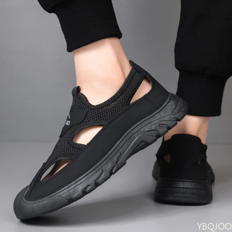Men's Non Slip Sandals Summer Mesh Baotou Breathable Driving Hollow Outdoor Middle Aged Leisure Versatile Thick Bottom Sandals