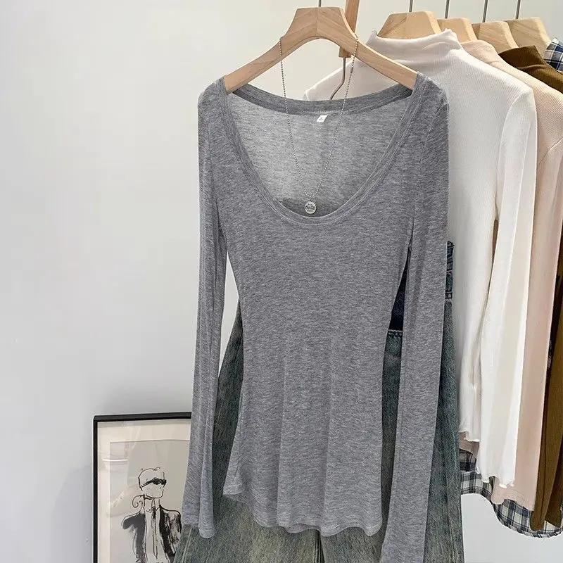 Sommer Damen T-Shirt Tiefer U-Ausschnitt Basic Hochelastisch Durchsichtig Figurbetont Langarm T-Shirts Atmungsaktive Streetwear Damen-Oberteil