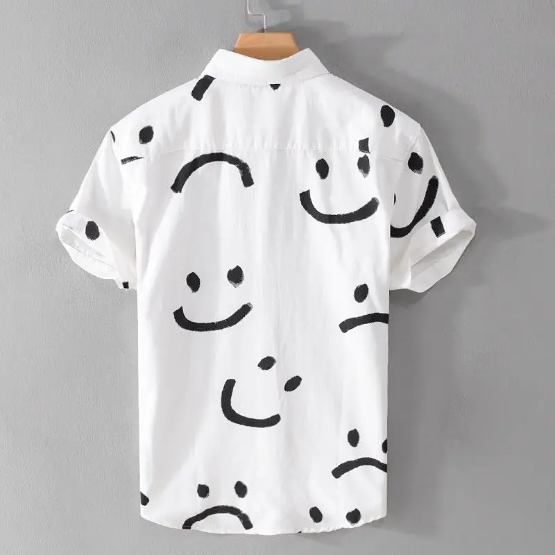 Fashion Smiling Face Printing Short Sleeved Shirt Male Summer New Comfortable Lapel Collar Pocket Loose Casual Handsome Shirt