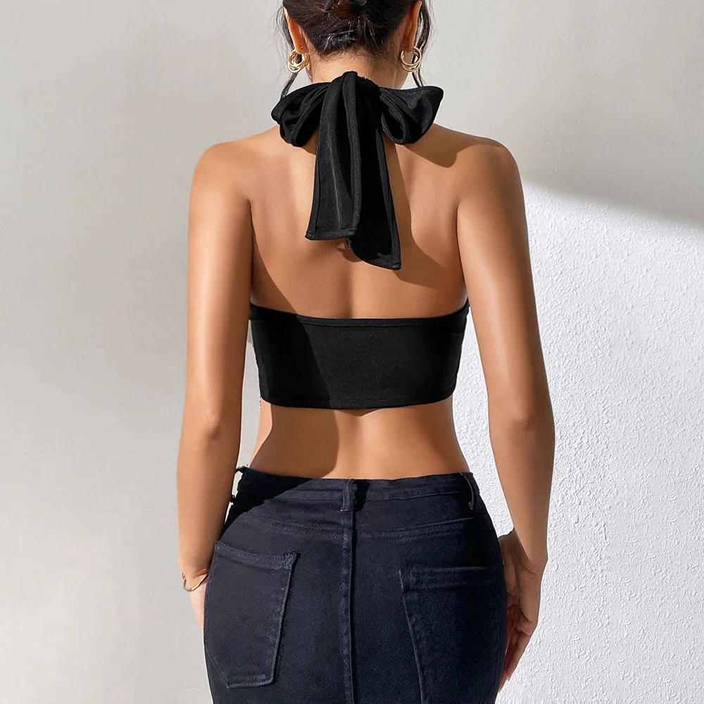 Women's Sexy Lace Up Chest Hugging Backless Top with Solid Color Tassel Chain Vest
