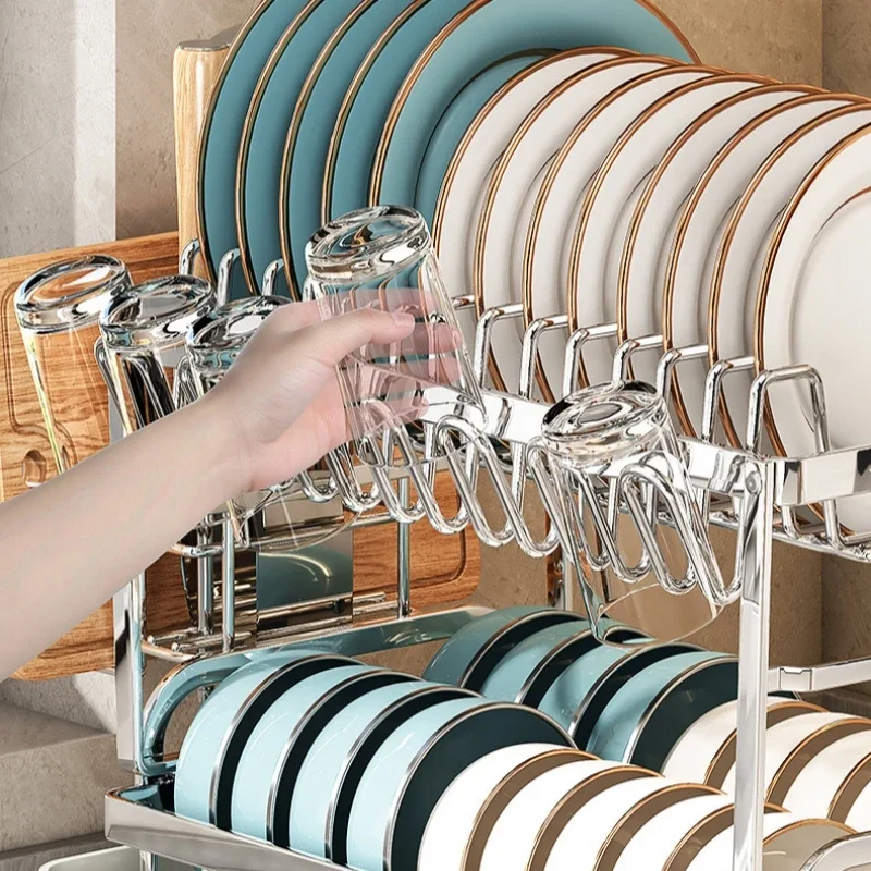 Kitchen Dish Drying Rack Adjustable Stainless Steel 2 Tier Plates Organizer Dish Bowl Drainer Storage Rack Kitchen Utensils 4