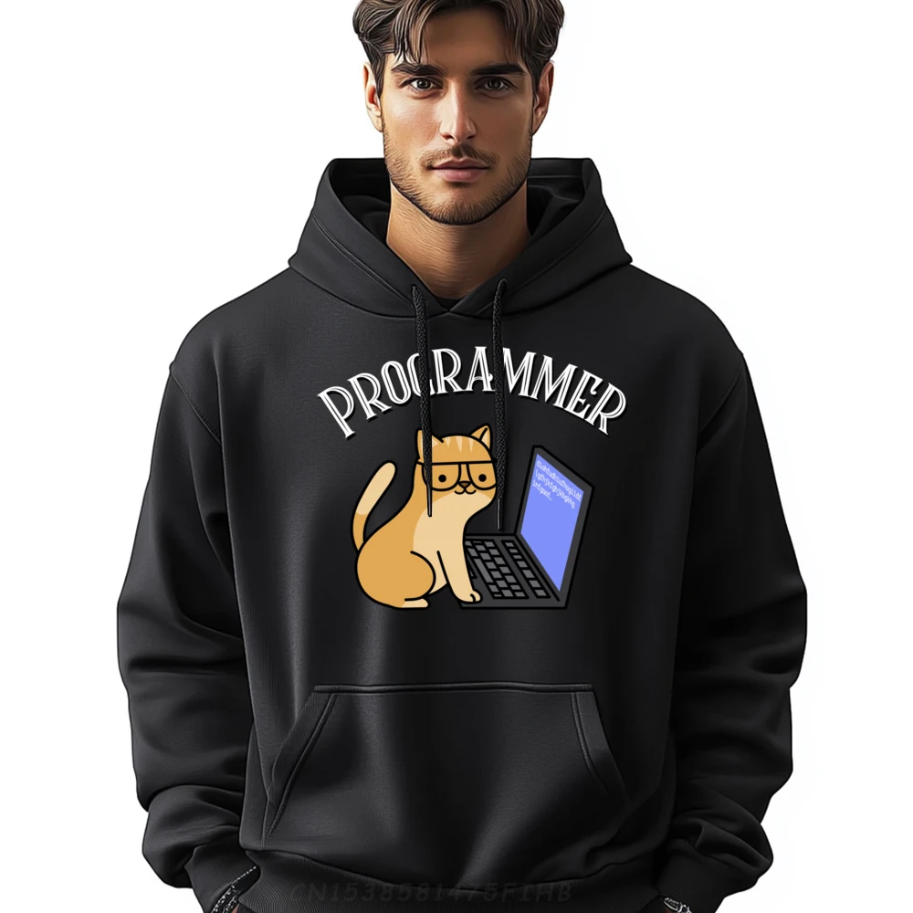 Cat on Computer Programmer Tech Round Collar Hoodies Christmas Hoodies long Sleeve Discount Graphic Sweatshirts Party Men Cat on Computer Programmer Tech