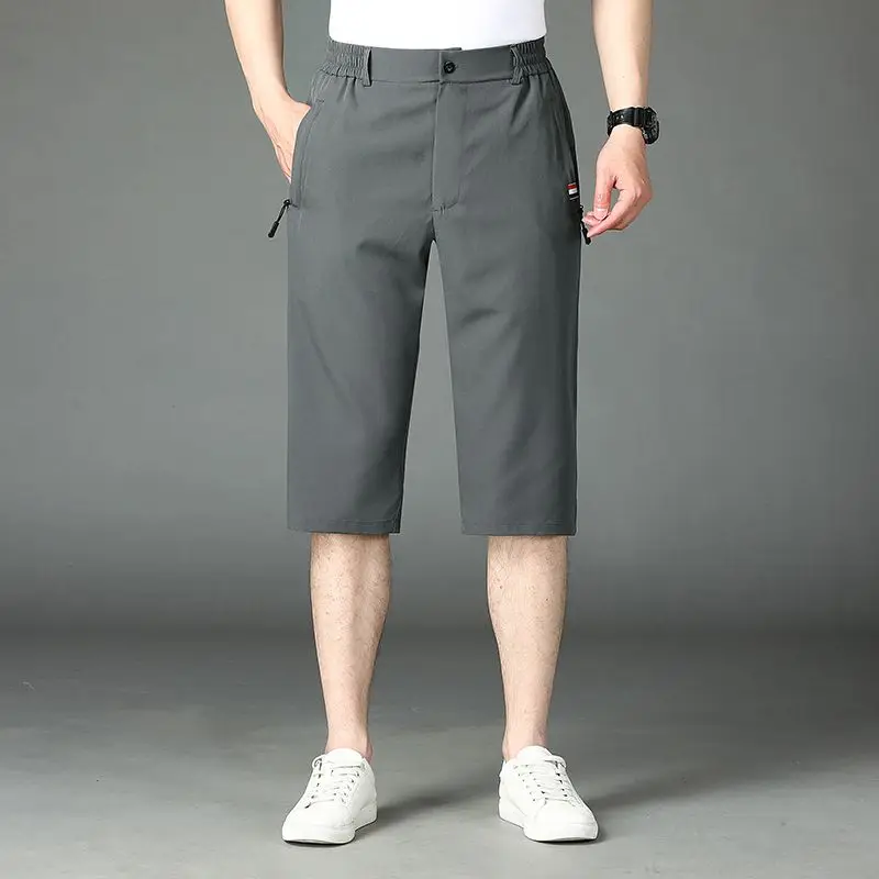 Male Clothes Fashion Casual Solid Color Quick Dry Capri Pants Summer Trend Simplicity Zipper High Waist Men's All-match Pants