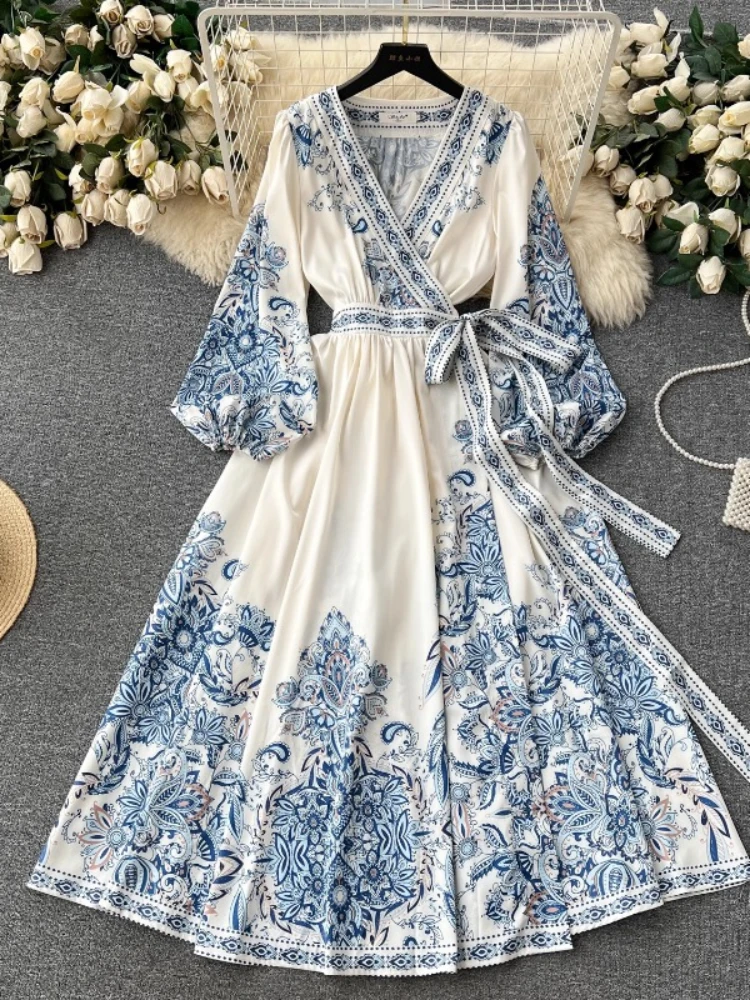 

Spring V-neck Lantern Sleeve High Waist Loose Robe Women New Fashion Elegant Vintage Print Party Vacation Dresses vestidos