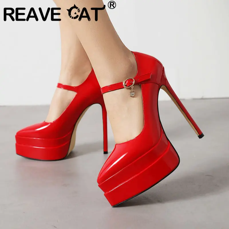 REAVE CAT Design Shoes Women Pumps Patent Leather Pointed Toe Ultrahigh