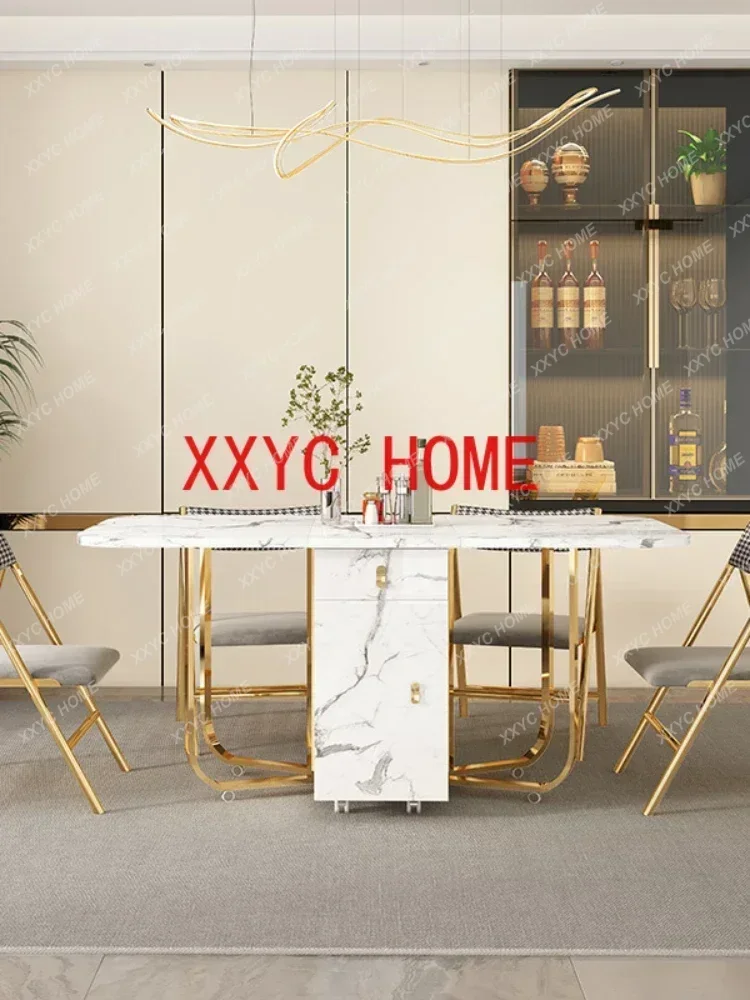 Movable Folding Dining Table with Storage Rack and 2 Drawers Extendable Versatile Kitchen Table and Metal Folding Dining Chairs