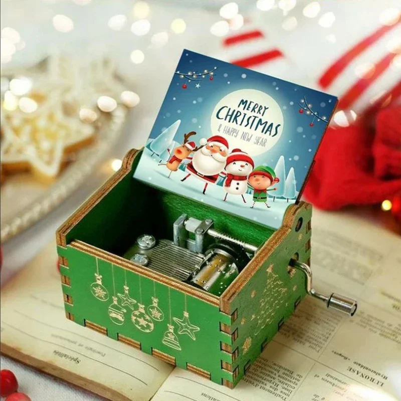 2025 Hot Wooden Hand Crank Music Box Christmas Theme Halloween Decoration Home Birthday Christmas Gift for Girlfriend 3