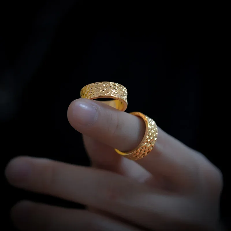 Hammer Pattern Ring for Couples 9999 24K Real Gold Personalized Textured Plain Rings for Men Women