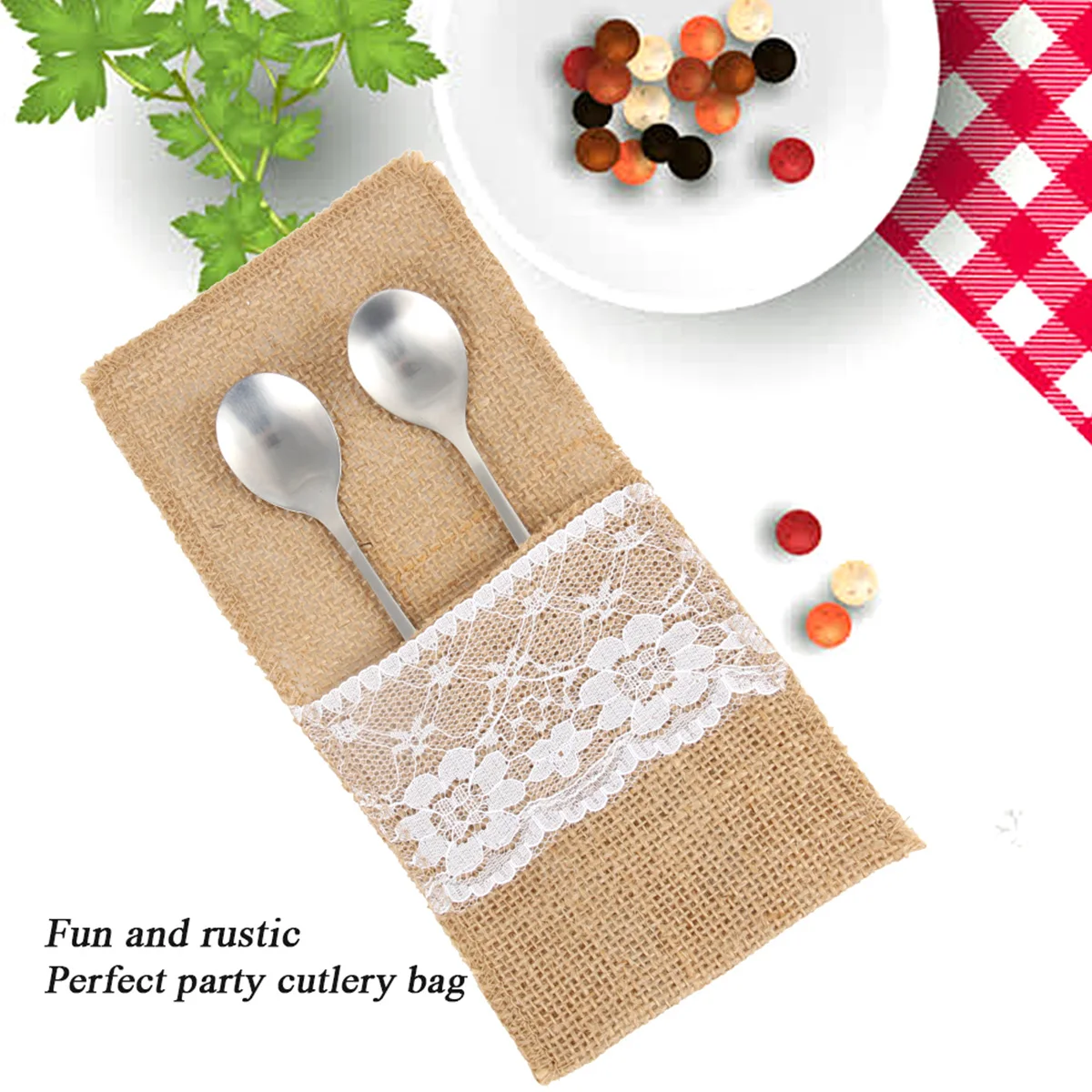 50Pcs Burlap Lace Cutlery Pouch Wedding Tableware Party Supplies Holder Bag Hessian Rustic Jute Table Decoration Accessories