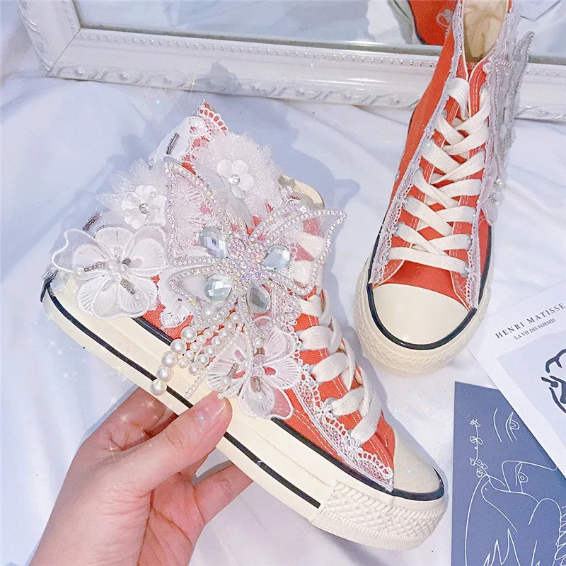 Summer 2022 Fashion Women Canvas Shoes High Women's Flat Vulcanized Shoes Orange Handmade Lace Bling Bow Sneakers
