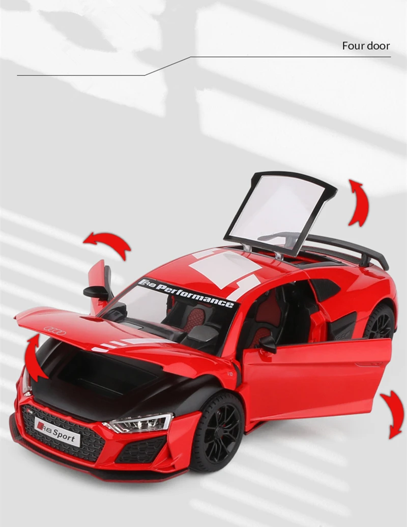 1:24 R8 V10 Plus Alloy Performance Sports Car Model Diecast Metal Toy Racing Car Model High Simulation Sound and Light Kids Gift