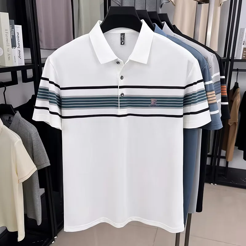 High end trend brand pure cotton polo shirt classic striped summer comfortable short sleeve men's T-shirt letter embossed top 15 Sc2eb0c5694e7481f9dd15f8b35f4d3beE