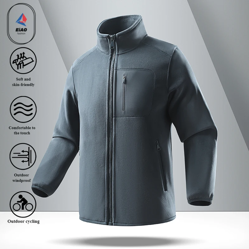EIAO 2025 Mens Fleece Lined Stand Collar Jacket Thickened Warm Zip Hoodie Plush Velvet Coat Casual Streetwear Outdoor Tech