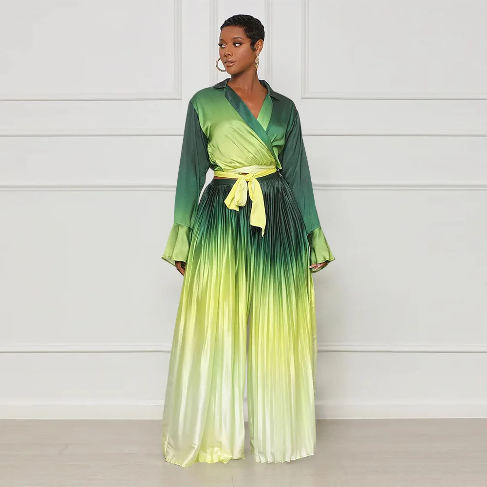 

Autumn Fashion African Women V-Neck Flare Sleeve Lace Up Waist Top and Pleated Wide Leg Pants Africa Two Piece Sets Women Outfit