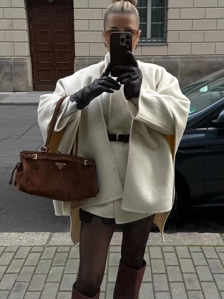 Women's Elegant Overcoat Fashion Long Sleeve Pockets Scarf Decor Woolen Jacket Solid Winter New Loose Office Lady Streetwear ﻿