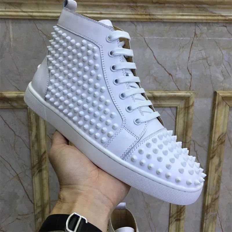 Luxury Brand Dress Designer For Men High Top Red Bottoms Rivets Sneakers Winter Casual Sports Leather Trainers Women Party Shoes 4