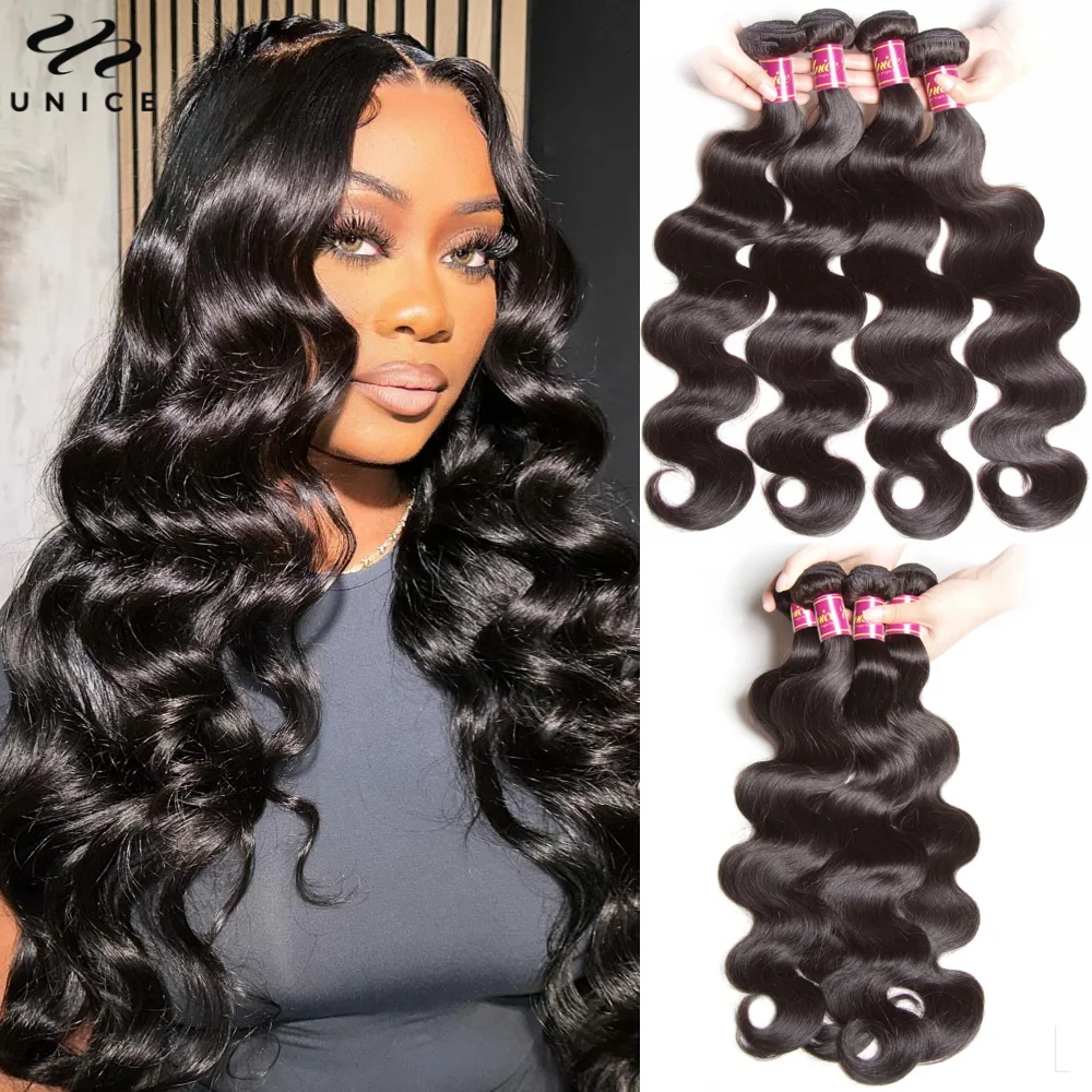 UNICE Body Wave Human Hair Bundles 4Pcs/Pack Natural Color Virgin Hair Bundles Traditional Sew-In Weft 250% Full Density Wig