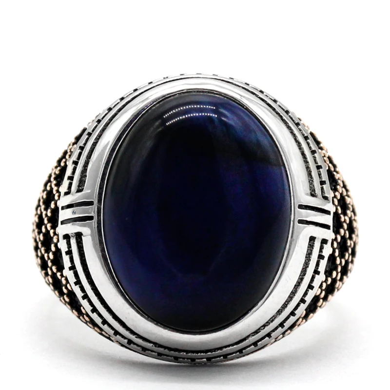Men's Blue Tigers Eye Sterling Silver Ring - 925 Silver Handmade Band, Turkish Crafted