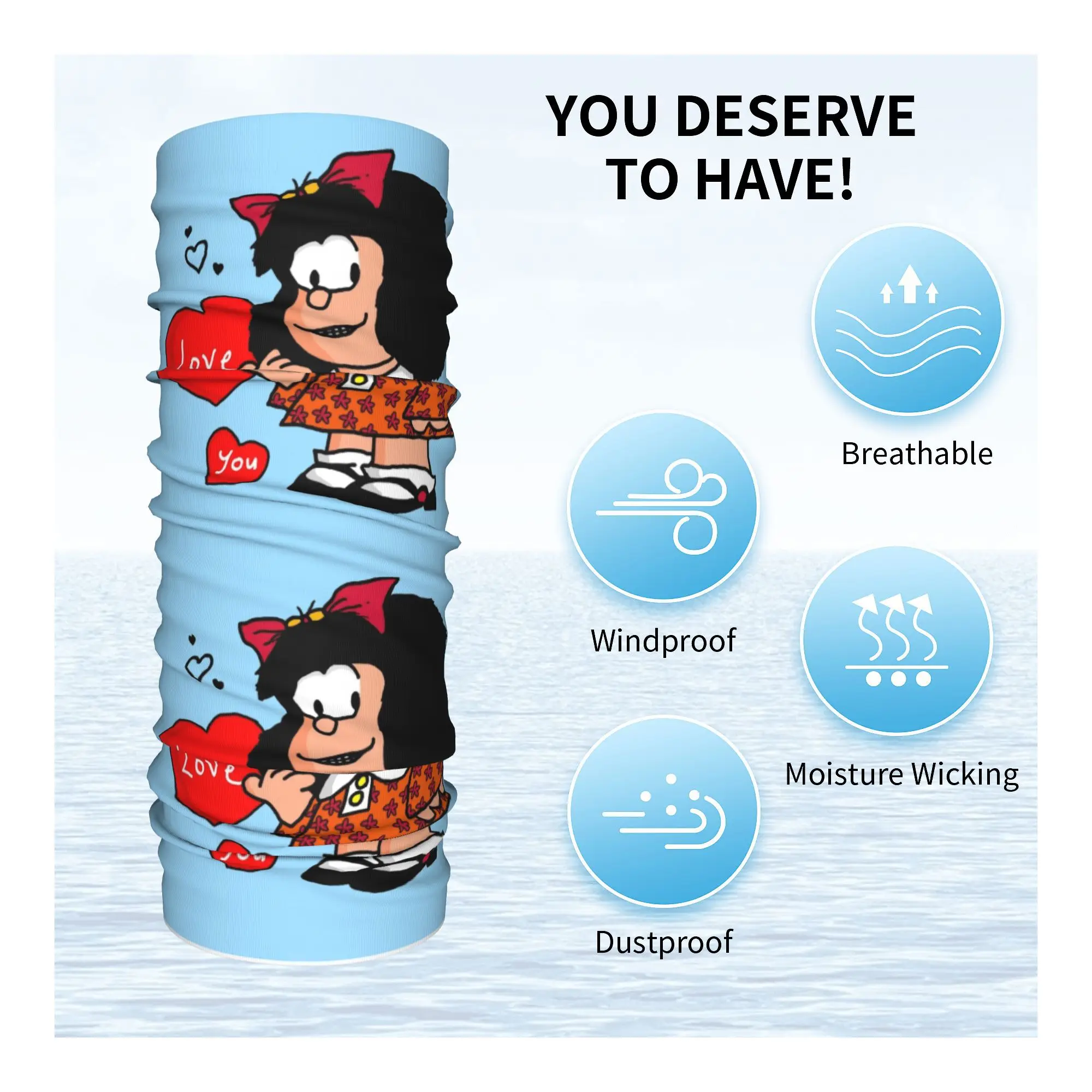 Winter Headband Neck Warmer Women Men Hiking Camping Tube Scarf Cartoon Quino Comic Face Bandana Gaiter Mafalda Love You