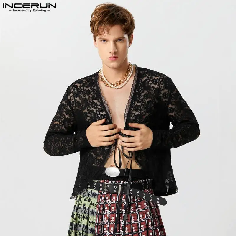 

Sexy Fashion Style Tops INCERUN Handsome Mens Lace Tie Shirts Casual Party Clubwear Male Thin Long Sleeved Cardigan Blouse S-3XL