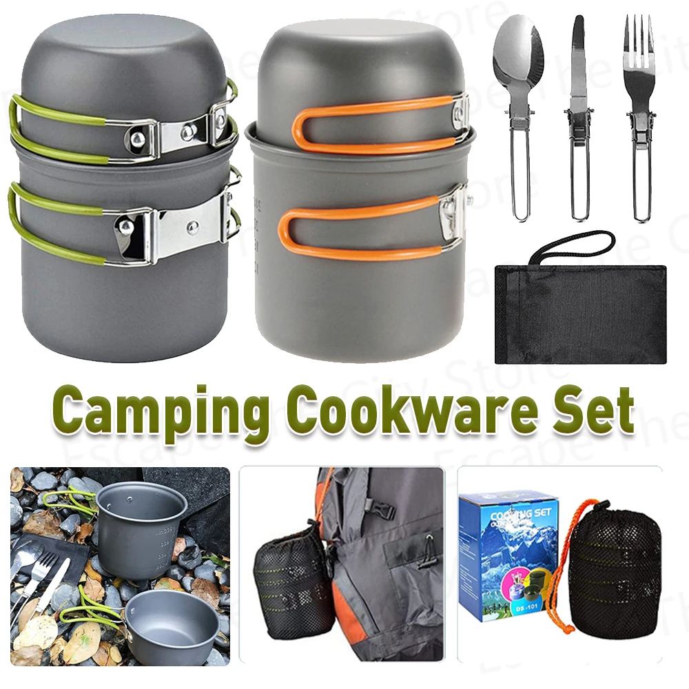 

Camping Cookware Set Outdoor Pot Tableware Kit Aluminum Alloy Lightweight Cookware Foldable Kit with Handle BBQ Cooking Cutlery