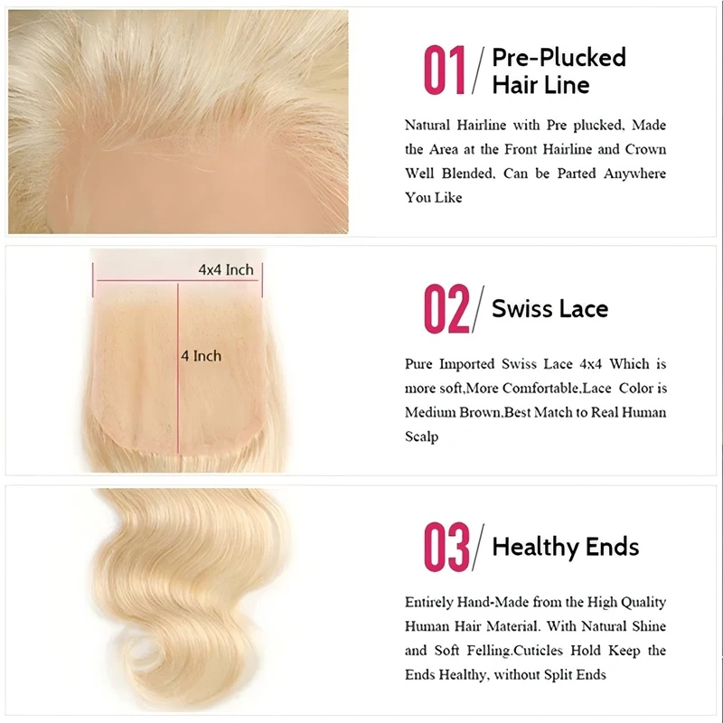4x4 613 Honey Blonde Body Wave Lace Closure With Transparent Swiss Lace Brazilian Virgin Hair 150% Density Pre-Plucked 10-20Inch