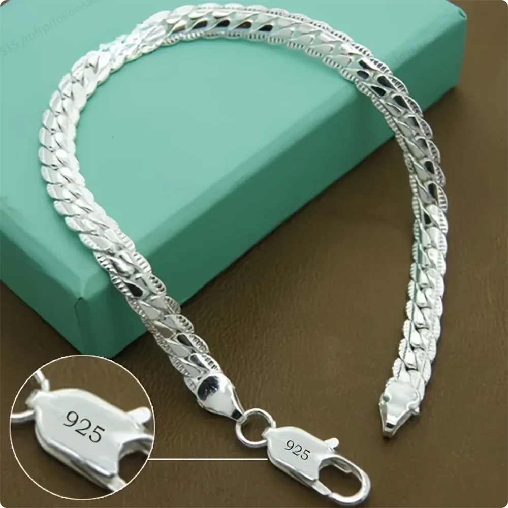 Elegant 925 Silver Flat Side Chain Bracelet with Lobster Clasp