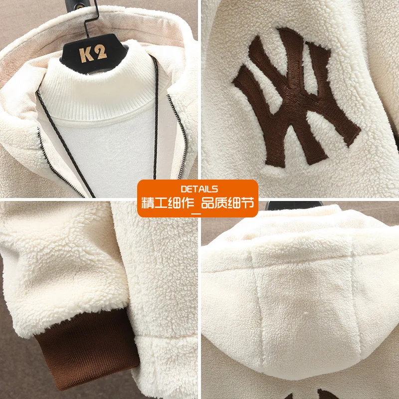 Men's  Embroidery Logo High-grade Cashmere Color Matching Casual Hooded Zipper Fashion Warm Winter Thick Jacket
