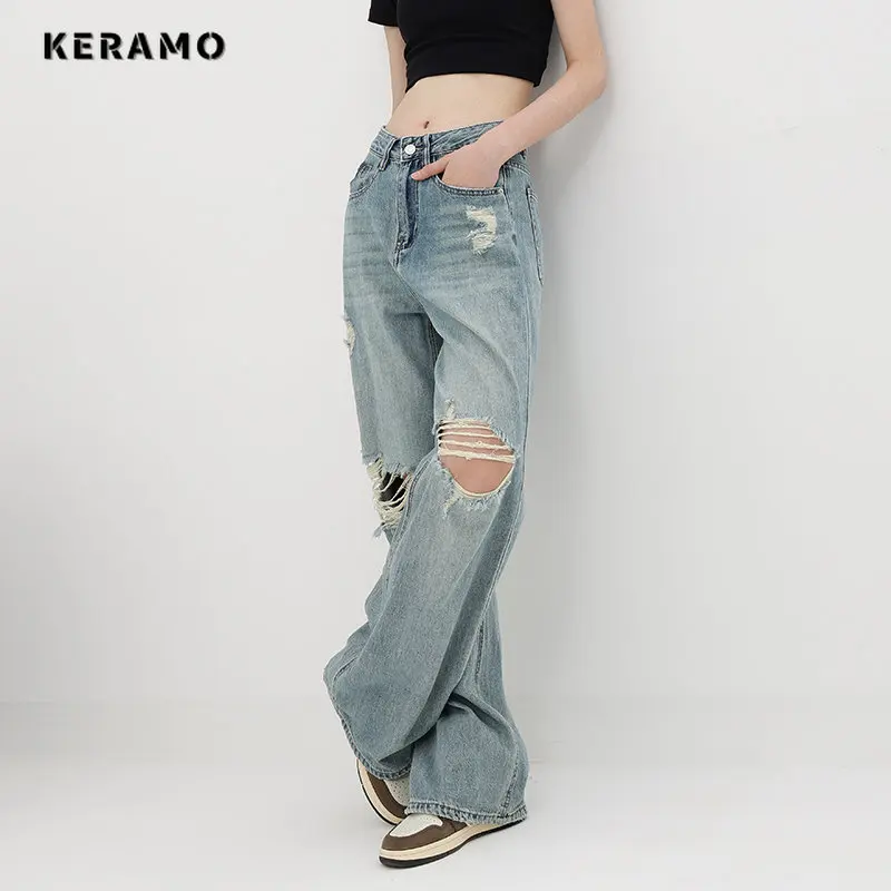 

2023 Summer Harajuku High Waist Vintage Y2K Loose Jeans Pants Women's Wide Leg Baggy Ripped Streetwear Style Denim Trouser