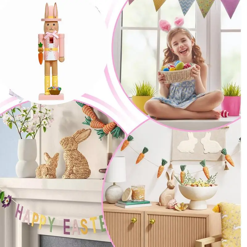 Desk Bunny Nutcracker Statue 12-Inch Wooden Statue Bunny Nutcracker Figure Tabletop Centerpiece Spring Seasonal Decoration