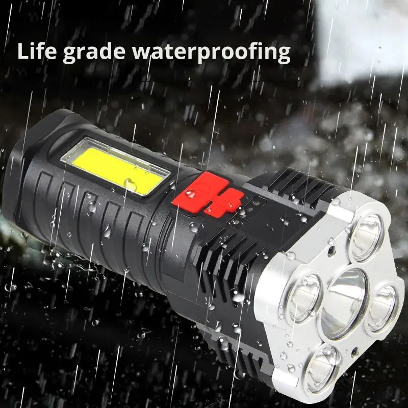 5LED 고출력 LED 손전등, 충전식 캠핑 스포트라이트, 측면 조명 포함, 3 가지 조명 모드, 야외 캠핑 모험