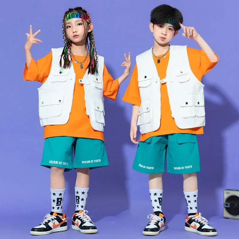 

Kids Hip Hop Clothing Sets White Waistcoat + Solid T-shirt + Shorts Teen Boys Street Dance Costumes Girls Jazz Performance Suits