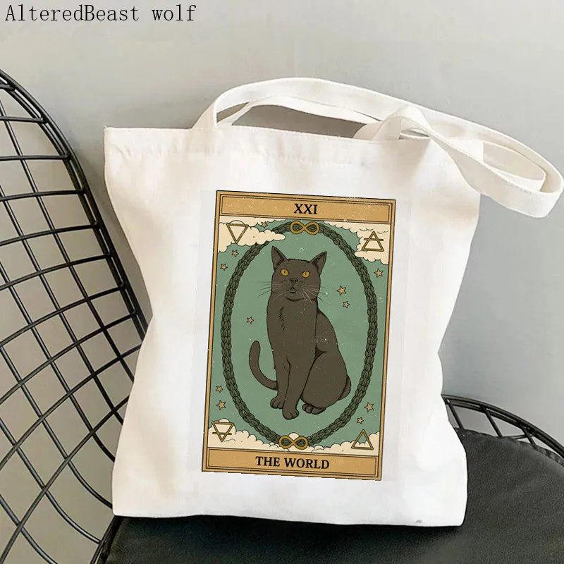 Women Shopper bag Two of Pentacles cat witchy Tarot magic Bag Harajuku Shopping Canvas Shopper Bag girl Shoulder Lady Bag