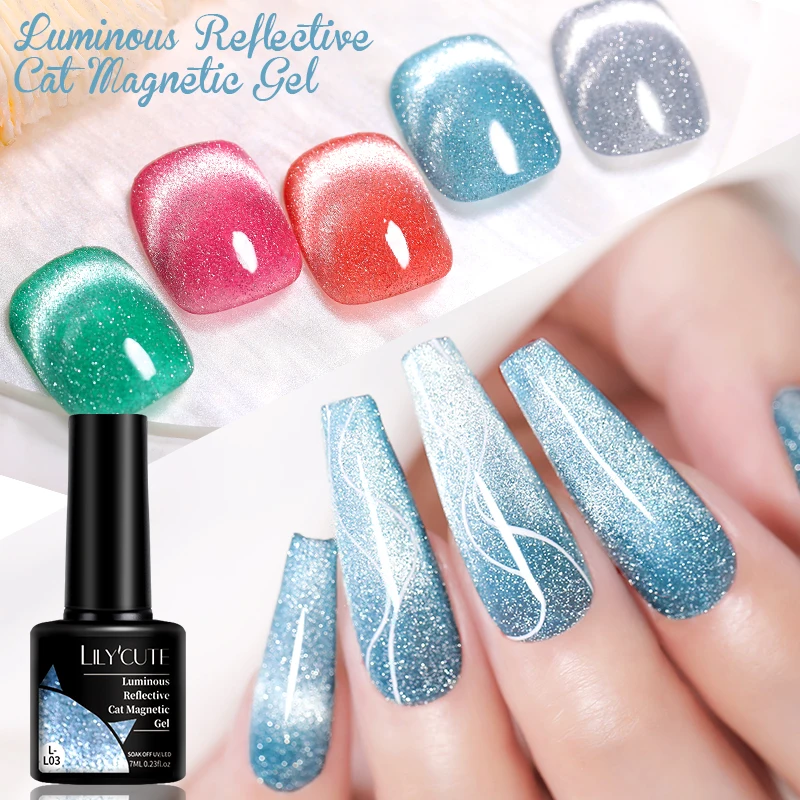 Lilycute 7ml Blue Silver Reflective Cat Gel Nail Polish 9d Luminous Laser Fluorescent