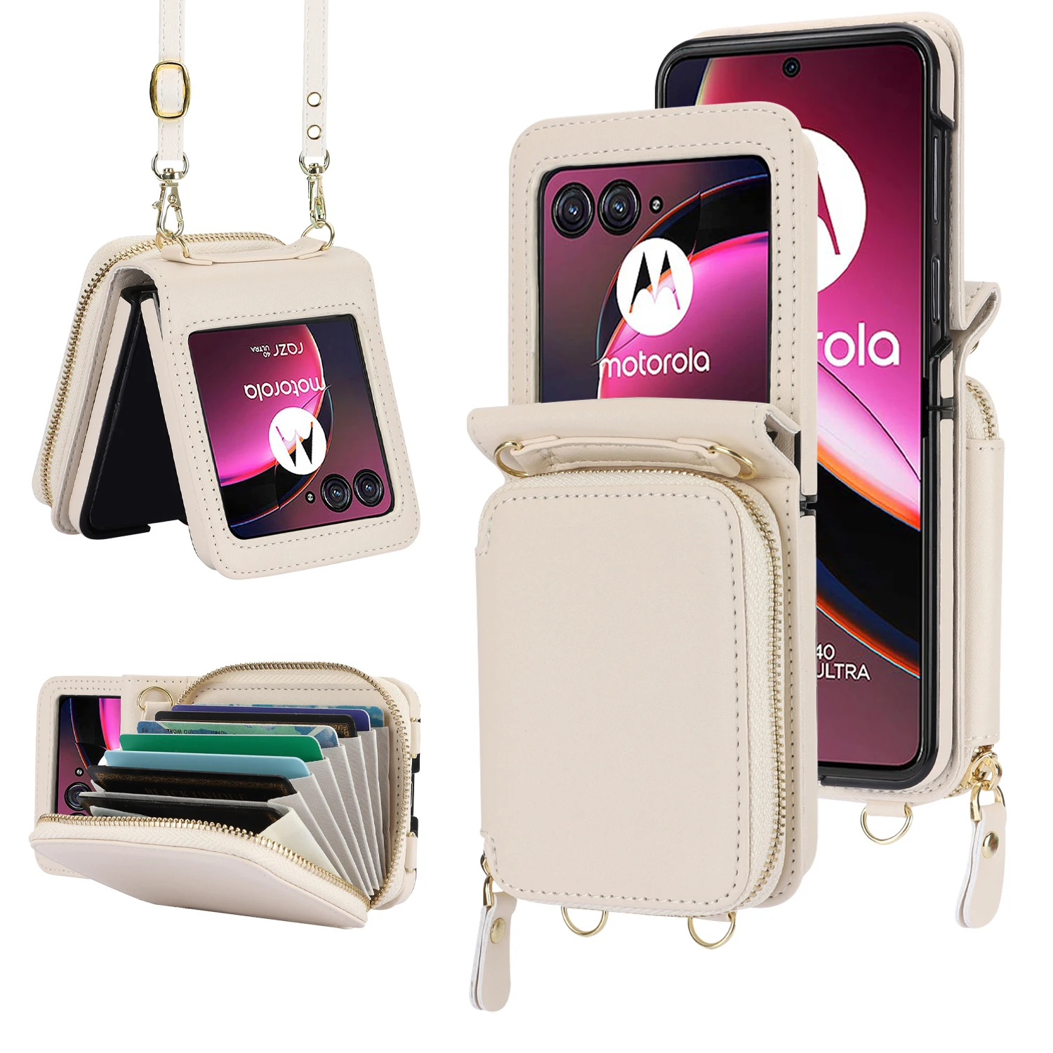 Crossbody Zipper Card Slot Leather Wallet Case with Long Lanyard and RFID Protection