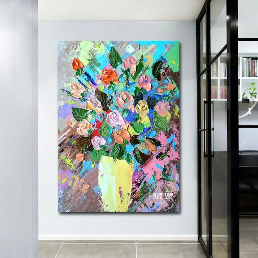

Palette Knife Art Style Canvas Oil Painting Colorful Flower With Vases Wall Picture Abstract Thick Texture Artwork Unframed