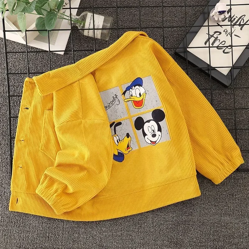 

New Baby Boys Girls Mickey Mouse Corduroy Jacket Coats Spring Autumn Kids Cartoon Button Turndown Collar Outerwear Children Tops