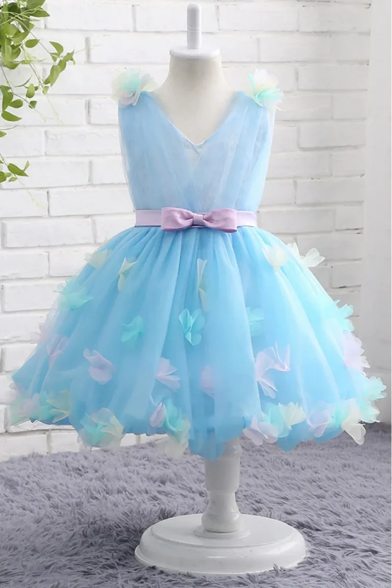 

Flower Girl Dress Light Blue Tulle Appliques 3D Flower With Bow Ribbon Waist Fit Wedding Party Birthday Gowns