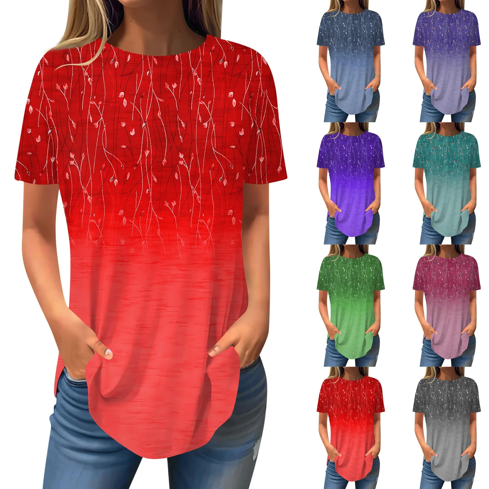 

Женские модные повседневные рубашки с круглым вырезом, пуловер с коротким рукавом и цветочным принтом, Молодежная женская футболка