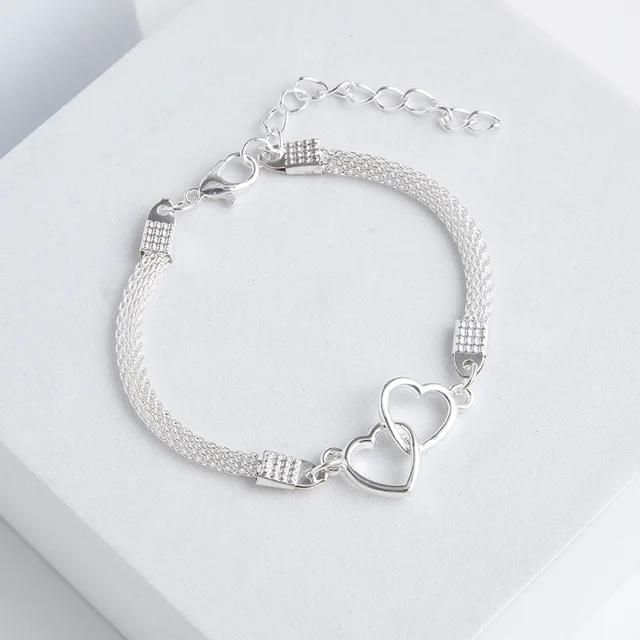 Bracelets de Couple en forme de cœur d'amour pour femmes et hommes, couleur argent, Double couche, chaîne assortie, bijoux cadeau pour amoureux, 1 pièces