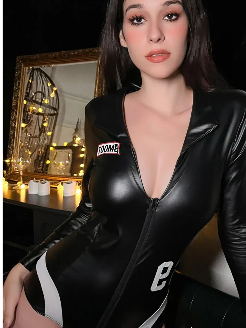 여성용 섹시한 딥 V 지퍼 오픈 가랑이 유니폼, PU 바디 슈트, 블랙 짧은 여름 투명 유혹, 새로운 성숙한 매력 쿨 31TN 