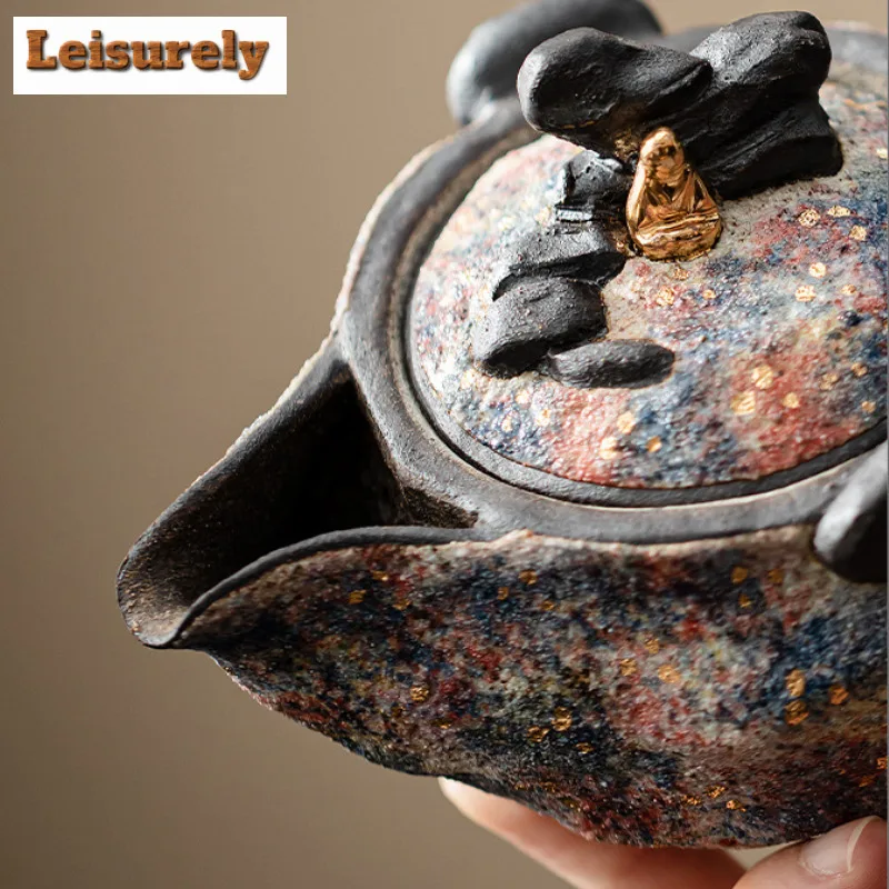 140ML Heart To Buddha Rock Mine Hand Held Teapot Handmade Gold Pointing Pottery Pot Tea Making Kettle Kung Fu Teaware Gift Box