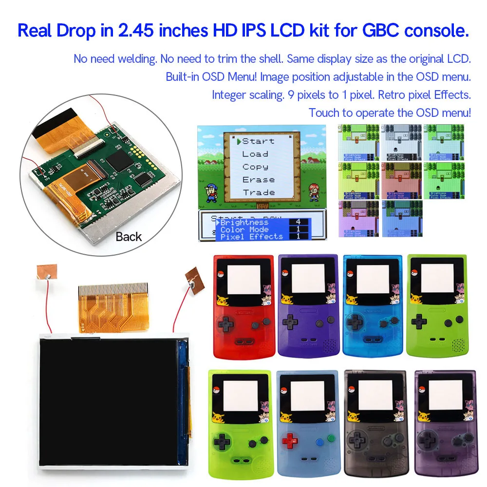

2.45Inch Original GBC IPS LCD High Brightness Kits With Shell For Game boy Color GBC OSD Menu Retro pixel Point to Point Display