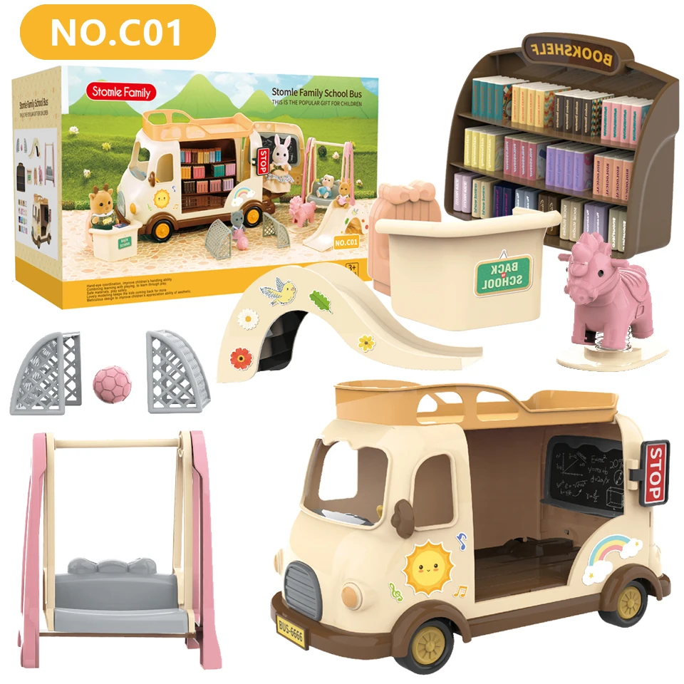 School Bus Book Shelf 1/12 Dollhouse Forest Family Ice Cream Sales Vehicle Miniature Furniture For Girl Play House Birthday Gift