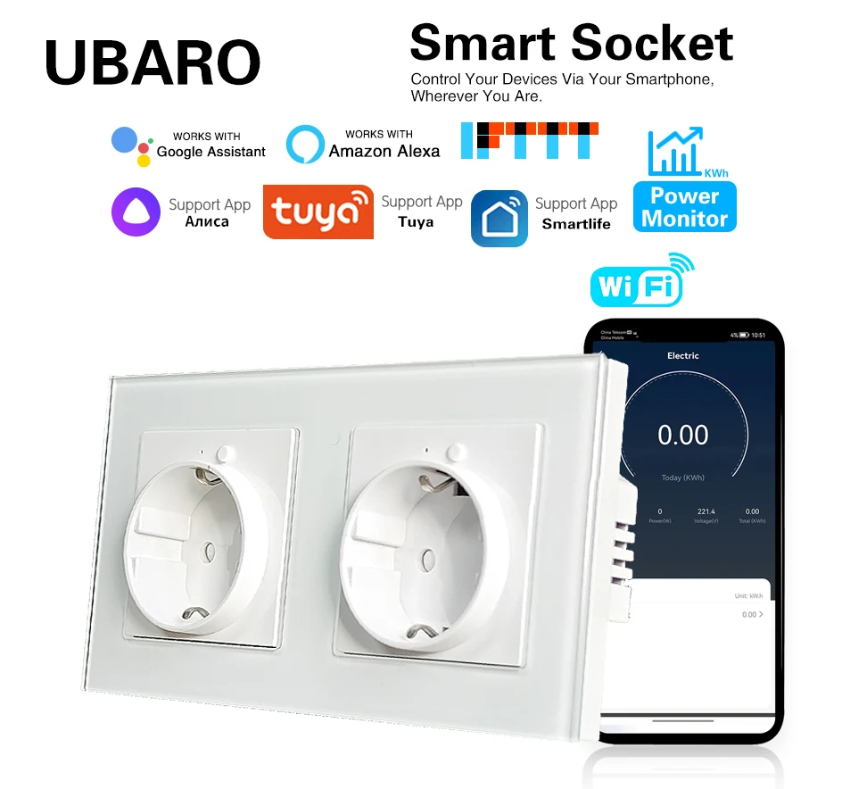 Ubaro-tipo-c Usb Tomada Inteligente com Monitor de Energia Função de Controle de Voz Tomadas Google Alexa Painel Cristal Temperado