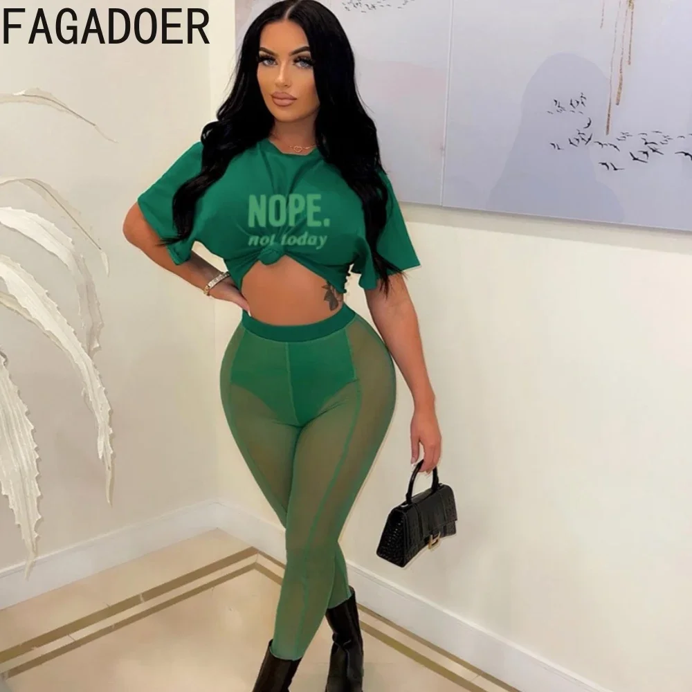 FAGADOER Black Sexy Mesh Perspective Skinny Pants Sets Women Round Neck Short Sleeve Crop Top And Pants Two Piece Outfits 2023