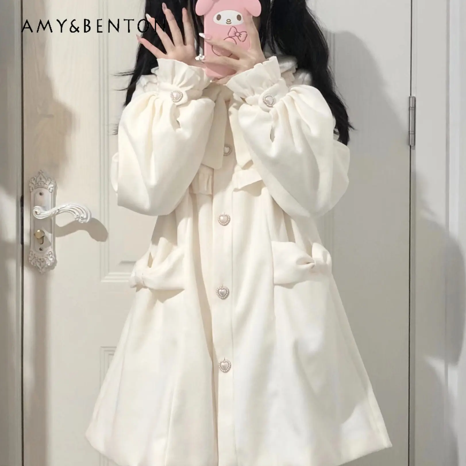 

Lolita Japanese Woolen Coat Women's Autumn and Winter White Bow All-Matching Mid-Length Coat Female Long Sleeve Cute Overcoat