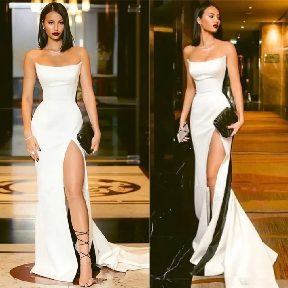 

Simple elegant Strapless Sheath Evening Dresses Open back Vertically Satin Floor length Prom high quality فساتين السهرة